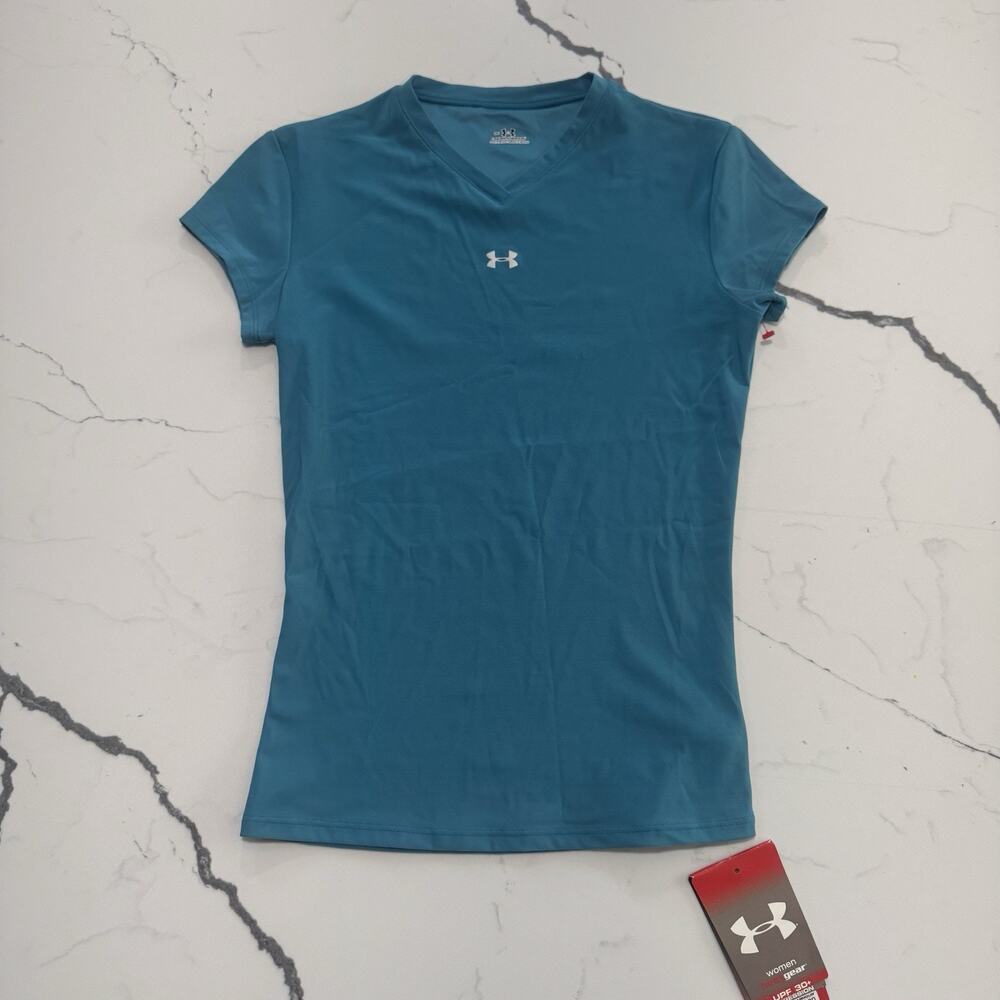 Under Armour HeatGear Shirt Womens Medium Blue Teal Compression Short Sleeve